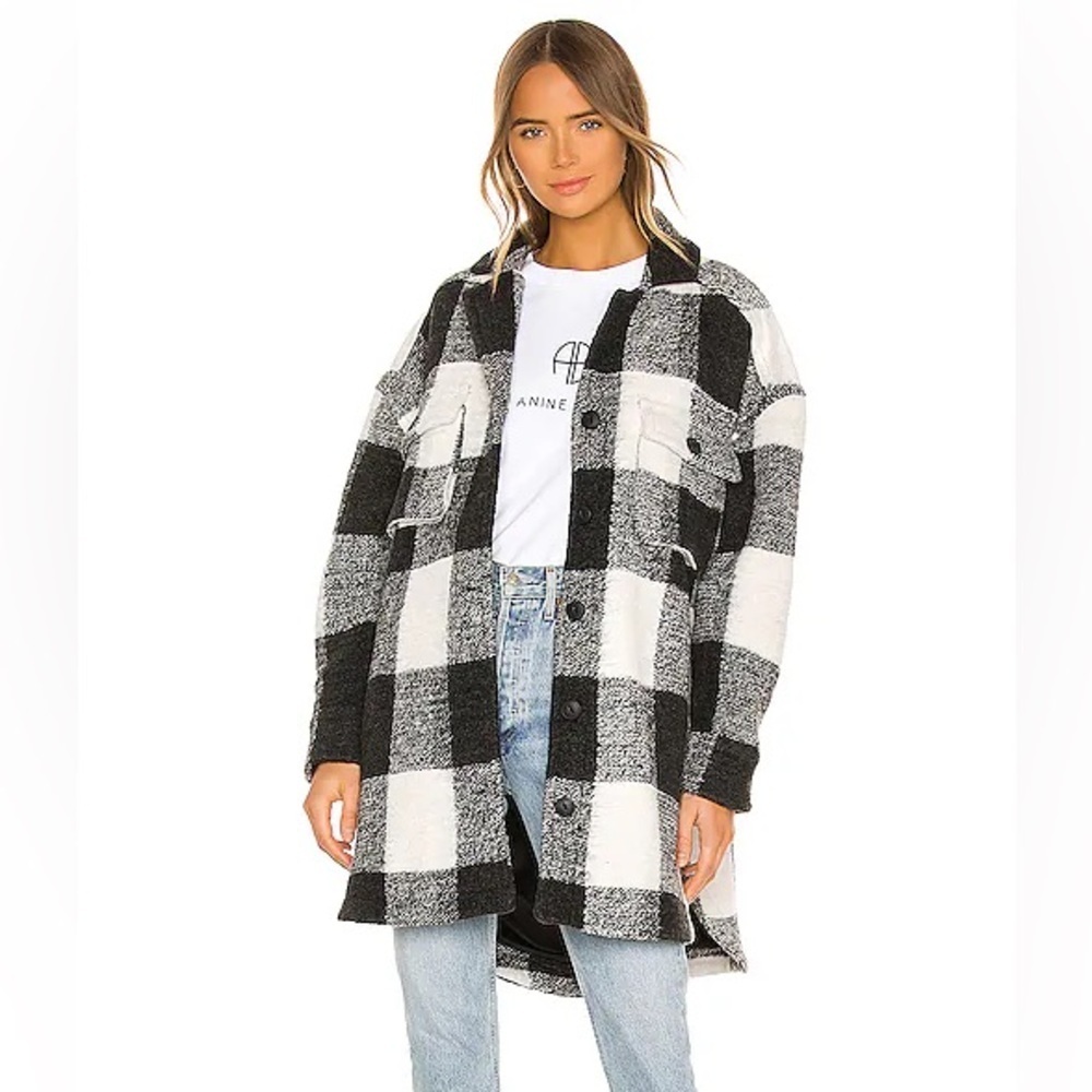 ANINE BING Wool Mave Jacket in Cream Buffalo Check Shacket Oversized Plaid XS